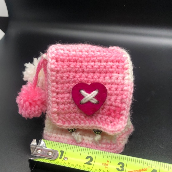 Bubblegum Pink & White Crochet Mini Backpack Keychain w/ Pom Poms, Heart Button - Picture 14 of 14